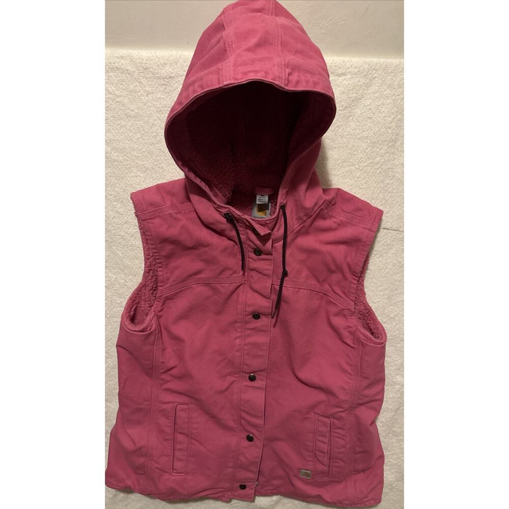 Carhartt Berkley Hooded Vest Pink Sherpa Lined Womens M 8/10 Dark Pink EUC